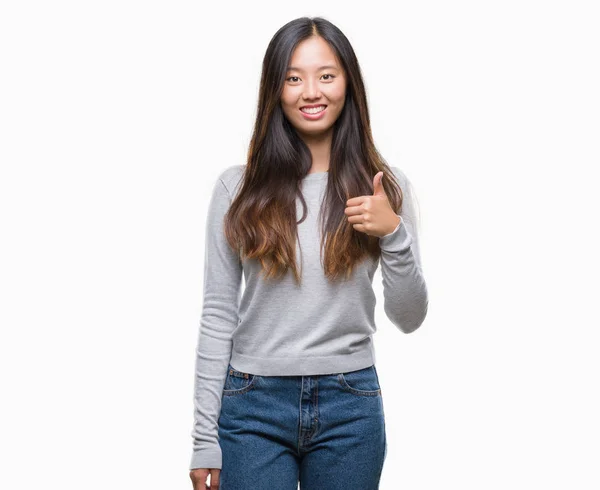 Junge Asiatische Frau Mit Isoliertem Hintergrund Macht Glückliche Daumen Nach — Stockfoto