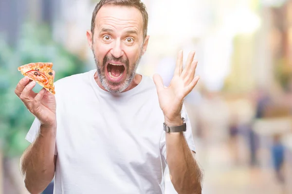 Middle Age Hoary Senior Man Eating Pizza Slice Isolated Background — Stock Photo, Image