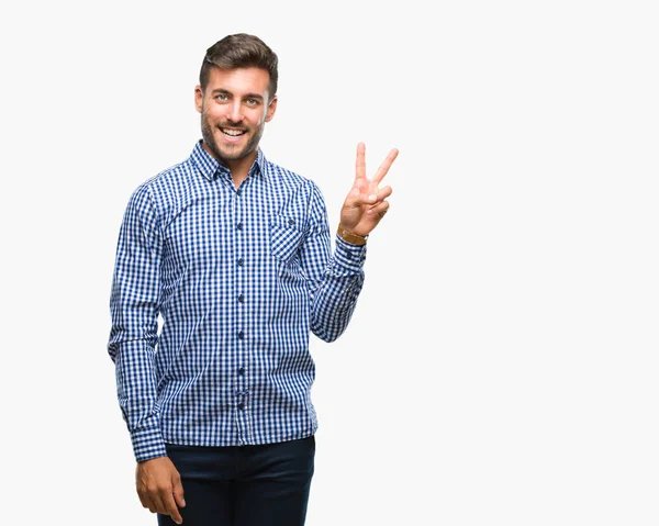 Jovem Homem Bonito Sobre Fundo Isolado Sorrindo Com Rosto Feliz — Fotografia de Stock