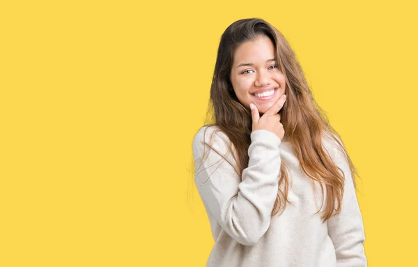 Jonge Mooie Brunette Vrouw Coltrui Trui Dragen Geïsoleerde Achtergrond Zoek — Stockfoto