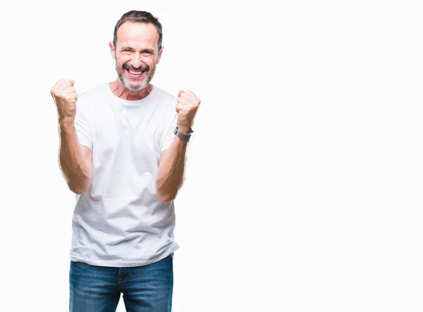 Hombre Mediana Edad Con Camiseta Blanca Sobre Fondo Aislado Celebrando —  Fotos de Stock