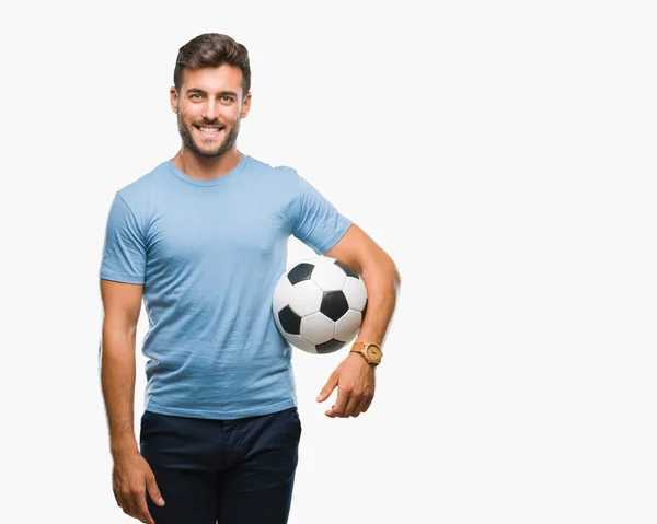 Jovem Homem Bonito Segurando Bola Futebol Sobre Fundo Isolado Com — Fotografia de Stock