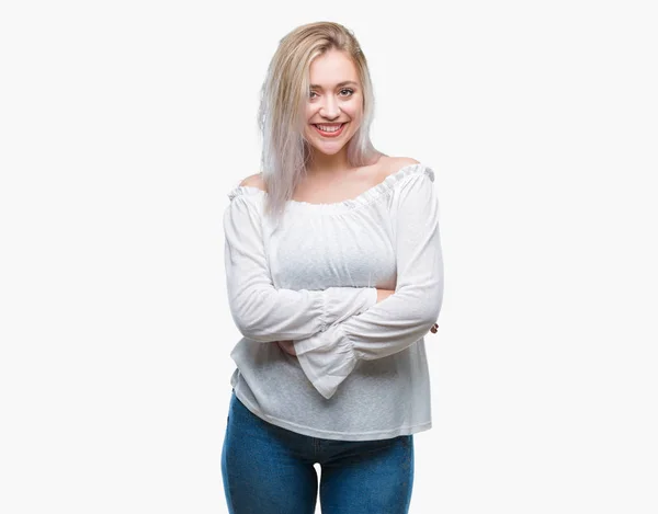 Unga Blonda Kvinnan Över Isolerade Bakgrund Glada Ansikte Ler Med — Stockfoto