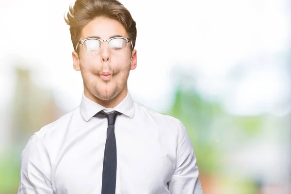 Young Business Man Wearing Glasses Isolated Background Making Fish Face — Stock Photo, Image