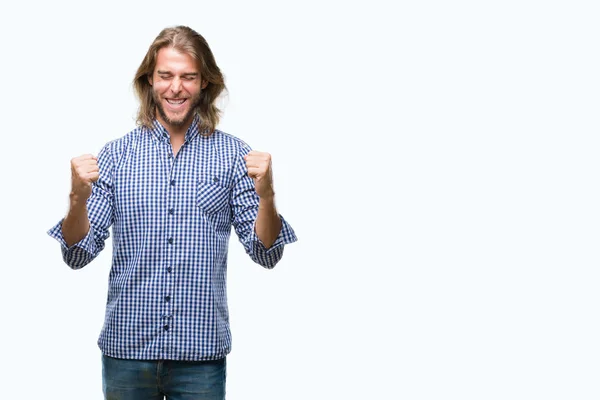 Homem Bonito Jovem Com Cabelos Longos Sobre Fundo Isolado Muito — Fotografia de Stock