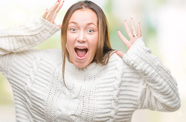 Giovane Bella Donna Caucasica Indossa Maglione Invernale Sfondo Isolato Celebrando — Foto Stock