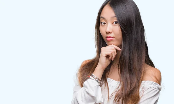 Young Asian Woman Isolated Background Looking Confident Camera Smile Crossed — Stock Photo, Image