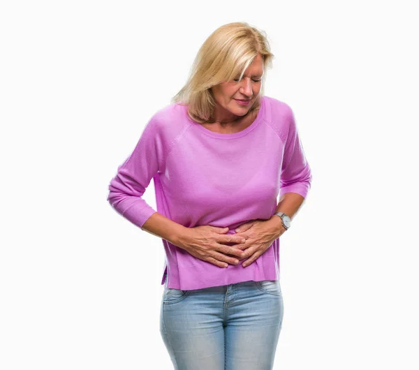 Middle Age Blonde Woman Isolated Background Hand Stomach Because Indigestion — Stock Photo, Image