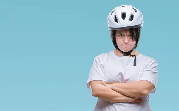 Jovem Mulher Ciclista Adulta Com Síndrome Usando Capacete Segurança Com — Fotografia de Stock
