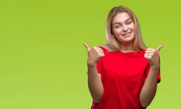 Junge Kaukasische Frau Über Isoliertem Hintergrund Erfolgszeichen Tun Positive Geste — Stockfoto