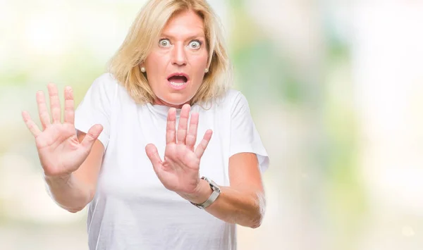Middle Age Blonde Woman Isolated Background Afraid Terrified Fear Expression — Stock Photo, Image