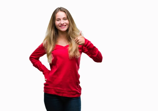 Jonge Mooie Blonde Vrouw Dragen Rode Trui Geïsoleerde Achtergrond Gelukkig — Stockfoto