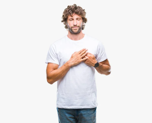 Hombre Modelo Hispano Guapo Sobre Fondo Aislado Sonriendo Con Las — Foto de Stock