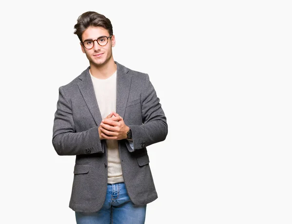 Ung Affärsman Bära Glasögon Över Isolerade Bakgrund Händer Tillsammans Och — Stockfoto