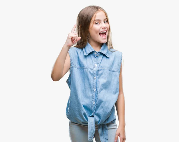 stock image Young beautiful girl over isolated background pointing finger up with successful idea. Exited and happy. Number one.