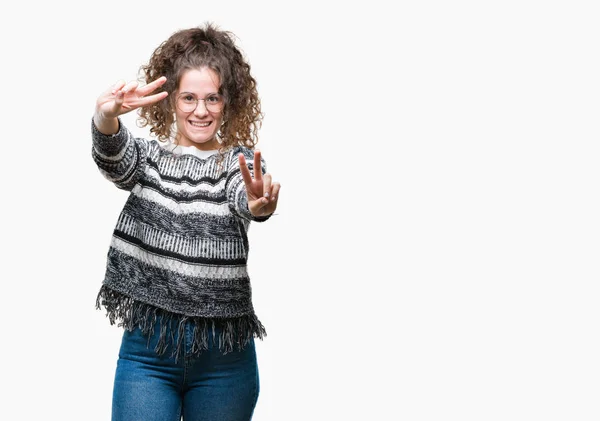 Beautiful Brunette Curly Hair Young Girl Wearing Glasses Isolated Background — Stock Photo, Image