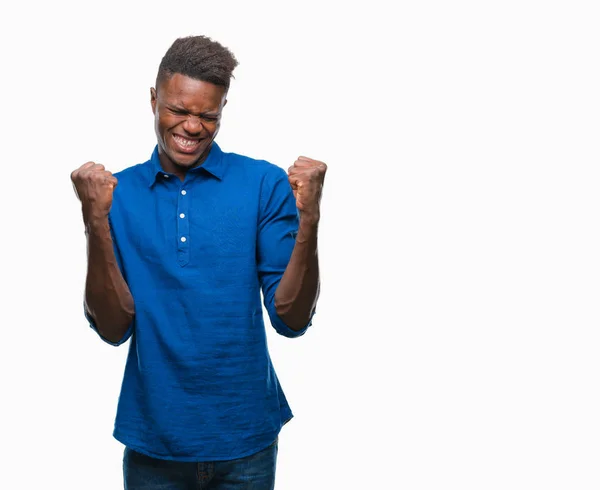 Hombre Afroamericano Joven Sobre Fondo Aislado Muy Feliz Emocionado Haciendo — Foto de Stock