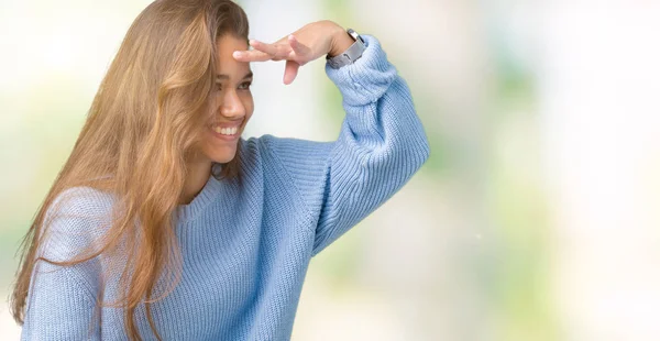 Junge Schöne Brünette Frau Blauem Winterpullover Über Isoliertem Hintergrund Sehr — Stockfoto