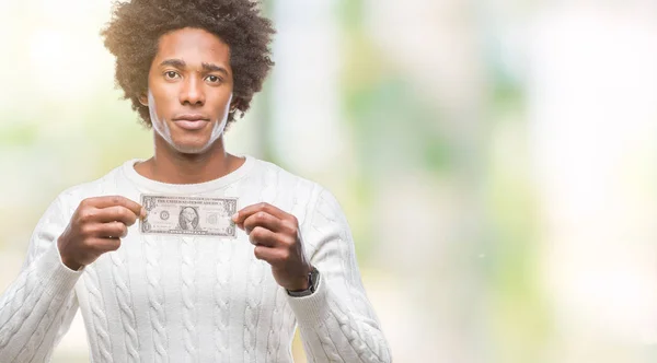 Afro Americano Homem Segurando Dólar Sobre Fundo Isolado Com Uma — Fotografia de Stock