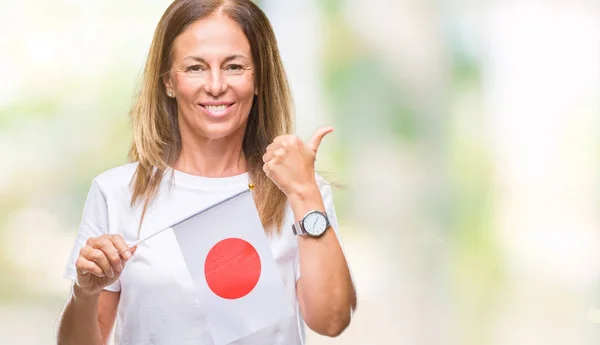 Middelbare Leeftijd Spaanse Vrouw Houdt Van Vlag Van Japan Geïsoleerd — Stockfoto