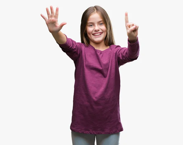 Young Beautiful Girl Isolated Background Showing Pointing Fingers Number Six — Stock Photo, Image