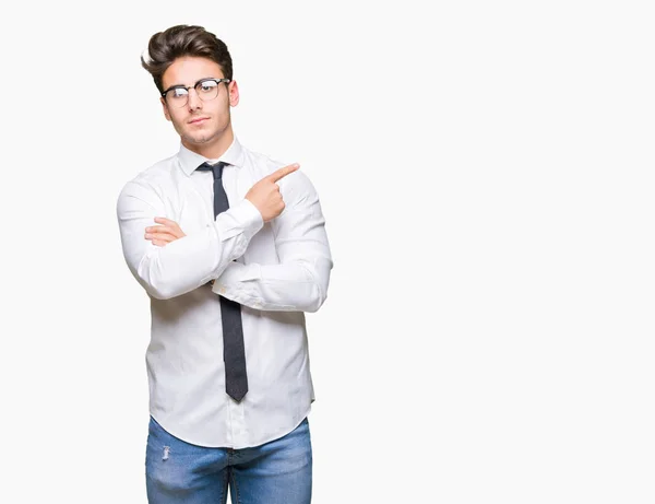 Young Business Man Wearing Glasses Isolated Background Pointing Hand Finger — Stock Photo, Image