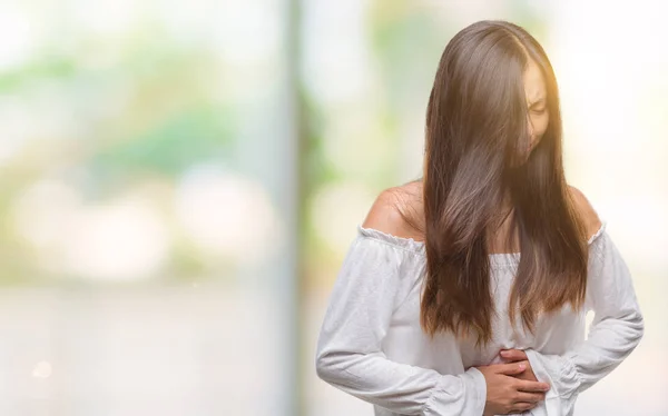 Młoda Kobieta Azjatyckich Białym Tle Ręką Żołądek Bolesne Choroby Złe — Zdjęcie stockowe