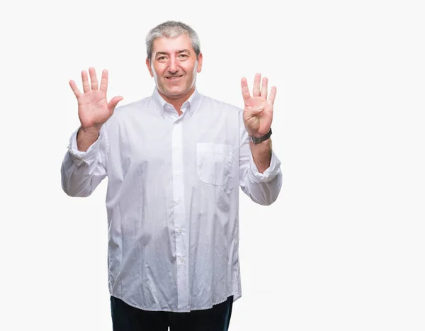 Starší Muž Izolované Pozadí Zobrazení Ukázal Prsty Číslo Devět Úsměvem — Stock fotografie
