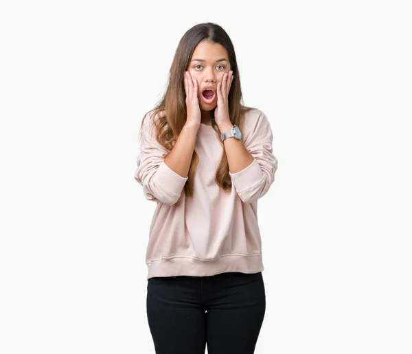 Jonge Mooie Brunette Vrouw Roze Trui Dragen Geïsoleerde Achtergrond Bang — Stockfoto