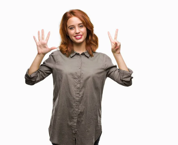 Young Beautiful Woman Isolated Background Showing Pointing Fingers Number Seven — Stock Photo, Image