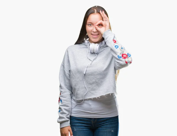 Joven Hermosa Mujer Estudiante Caucásica Con Auriculares Sobre Fondo Aislado —  Fotos de Stock