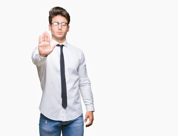 Young Business Man Wearing Glasses Isolated Background Doing Stop Sing — Stock Photo, Image