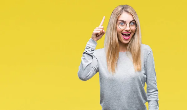 Young Beautiful Blonde Woman Wearing Glasses Isolated Background Pointing Finger — Stock Photo, Image