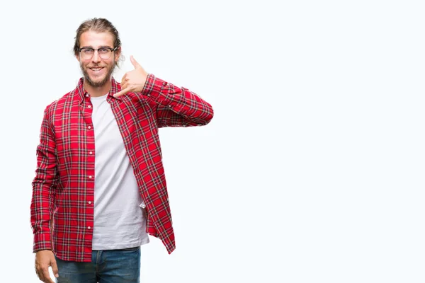 Young Handsome Man Long Hair Wearing Glasses Isolated Background Smiling — Stock Photo, Image