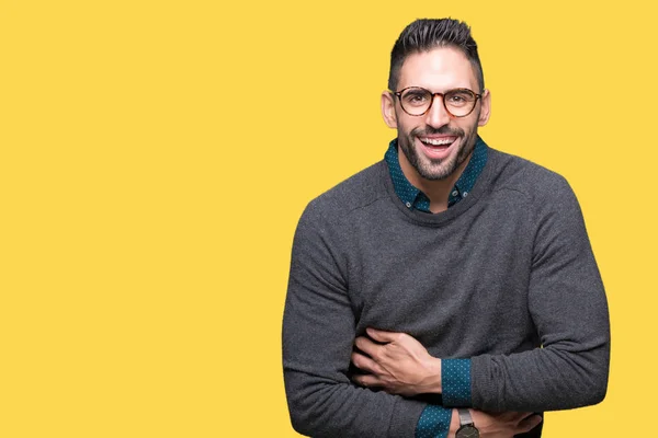 Jovem Homem Bonito Vestindo Óculos Sobre Fundo Isolado Sorrindo Rindo — Fotografia de Stock