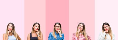 Kolaj pembe çizgili genç güzel kadın bir arka plan çene düşünme hakkında soru, dalgın ifade üzerine el ile izole. Düşünceli yüzüyle gülümsüyor. Şüphe kavramı.