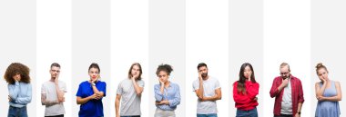 Kolaj beyaz çizgili izole arka plan düşünme seyir üzerinde farklı etnik genç insanların yorgun ve sıkılmış çapraz silah depresyon sorunları ile.