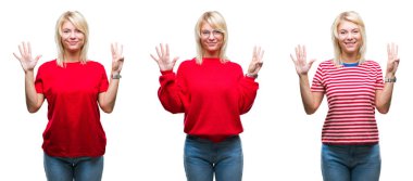 Kolaj gösterilen ve parmakları ile işaret izole arka plan üzerinde rahat kırmızı giyen güzel sarışın kadının kendinden emin ve mutlu gülümseyerek süre sekiz numara.