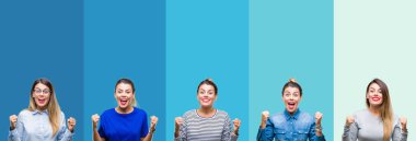 Kolaj izole arka plan kutlama şaşırttı ve başarı için kaldırdı kollarını açarak hayret ve gözleri açık mavi çizgili genç güzel kadın. Kazanan kavramı.