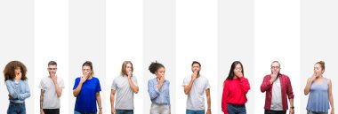 Farklı etnik genç insanlar üzerinde beyaz çizgili izole arka plan ağız el ile kapsayan yorgun esneme sıkılmış kolaj. Restless ve uyku hali.