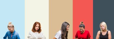 Kolaj güzel casual kadın vintage sonbahar yüzünden Grubu'nun renkleri mide üzerinde el ile izole arka plan çünkü mide bulantısı, ağrılı hastalık hasta hissediyor. Ağrısı kavramı.