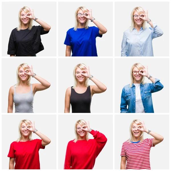 Collage of beautiful blonde woman wearing differents casual looks over isolated background doing ok gesture with hand smiling, eye looking through fingers with happy face.