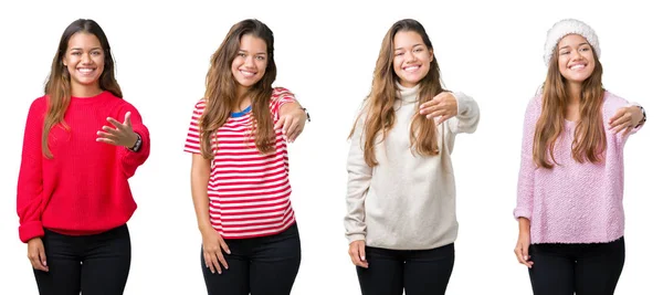 Collage Van Mooie Jonge Vrouw Geïsoleerde Achtergrond Lachende Vriendelijke Aanbod — Stockfoto