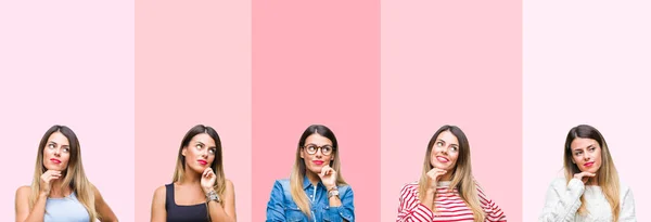 Коллаж Молодой Красивой Женщины Розовых Полосах Изолированный Фон Рукой Подбородке — стоковое фото