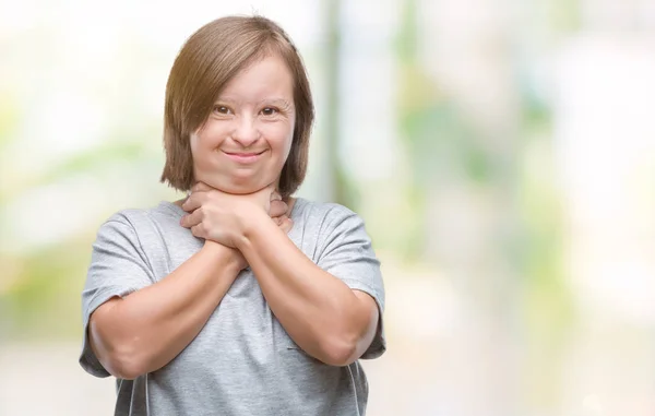 ダウン症候群を持つ成人女性以上背景の叫びを分離し 窒息のため痛みを伴う首を絞め 健康上の問題 窒息させると自殺の概念 — ストック写真