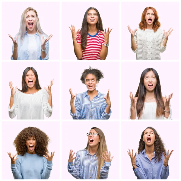拼贴的年轻妇女在粉红色孤立的背景疯狂和疯狂的喊话和大喊大叫与积极的表情和手臂提高 挫折的概念 — 图库照片