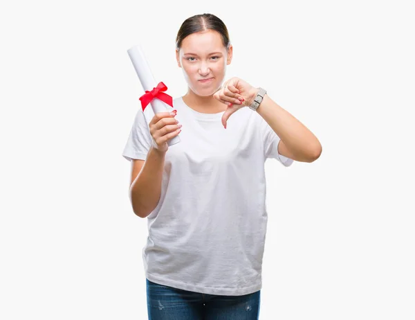 Young Caucasian Woman Holding Degree Isolated Background Angry Face Negative — Stock Photo, Image
