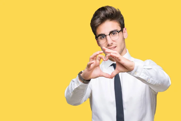 Fiatal Üzletember Szemüveg Viselése Alatt Szerelmes Szív Szimbólum Kéz Alakú — Stock Fotó