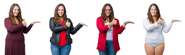 Collage Hermosa Mujer Tamaño Grande Sobre Fondo Aislado Mostrando Mano — Foto de Stock