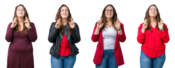 Collage Van Mooie Grootte Zakenvrouw Geïsoleerde Achtergrond Glimlachend Kruising Vingers — Stockfoto